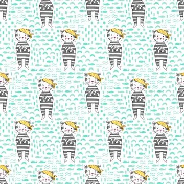 Kitten pirate vector seamless pattern Illustrazione stock