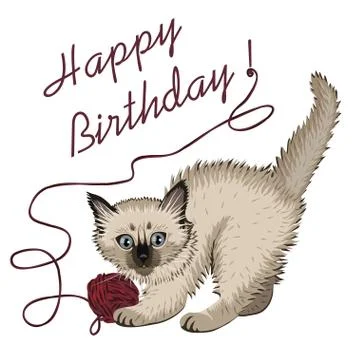 Kitten plaing with ball of wool and happy birthday. Stock Illustration