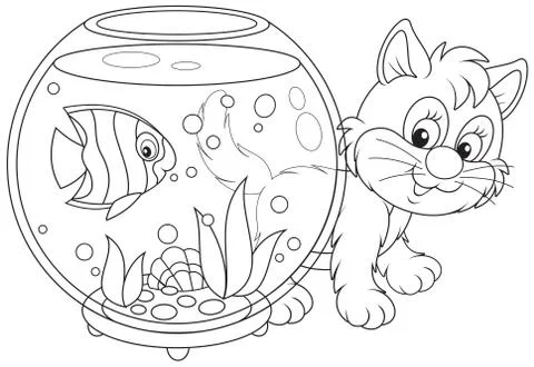 Kitten playing with a fish Stock Illustration