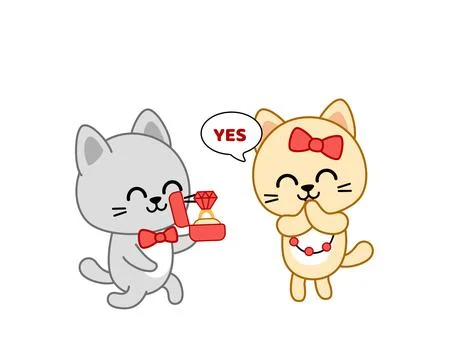 Kitten is proposing marriage. She said Yes. Valentine day card. Kawaii, cartoon Stock Illustration