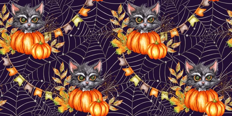 Kitten pumpkin spider web pattern on blue watercolor background Stock Illustration