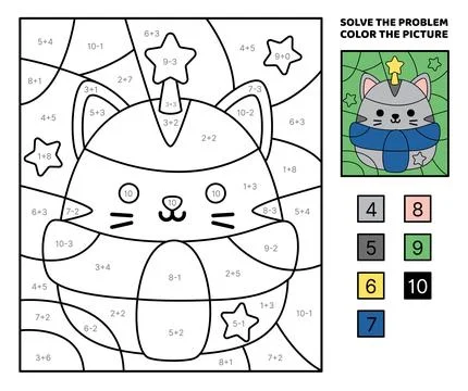 Kitten in scarf. Solve the problem, color the picture. Addition, Subtraction Stock Illustration