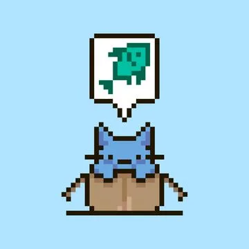 Kitten sitting in an open cardboard box and speech-bubble with fish in it イラスト素材
