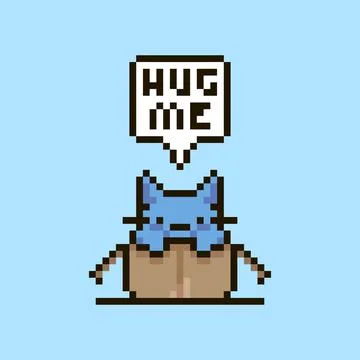 Kitten sitting in an open cardboard box and speech-bubble with text hug me in it イラスト素材