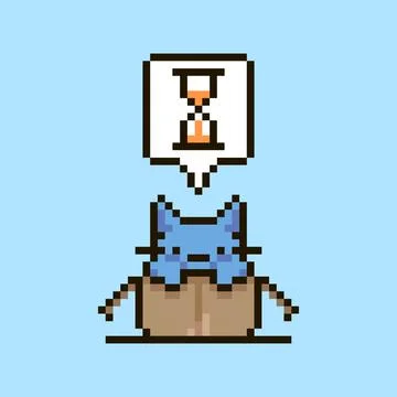 Kitten sitting in an open cardboard box and speech-bubble with sand clock in it Stock-Illustration