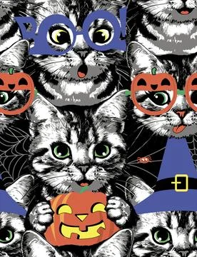 Kittens faces in witch s hat, glasses pumpkin and boo seamless pattern. Illustrazione stock