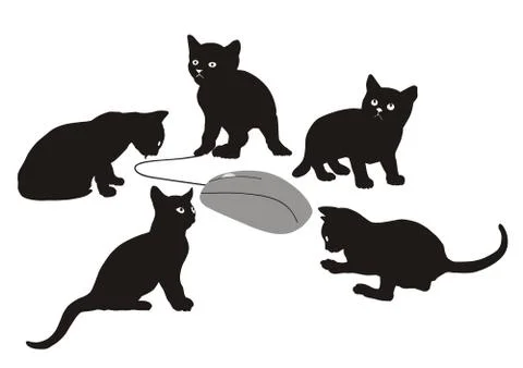 Kittens is hunting for computer mouse Stock Illustration