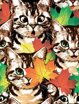 Kittens with maple leaves seamless pattern 스톡 일러스트
