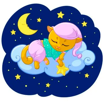 Kitty sleeping cartoon vector illustration of kitten dream sleep on cloud stars Illustration