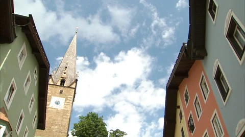 Kitzbühel clock tower and city centre Stock Footage 34861825
