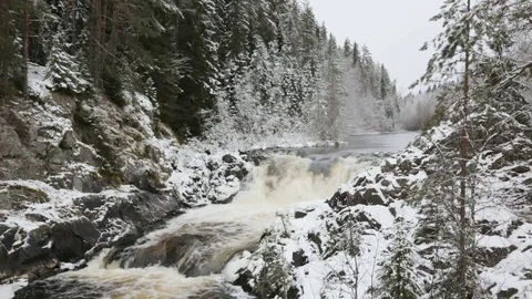 Kivach Falls in winter Stock Footage 82171927