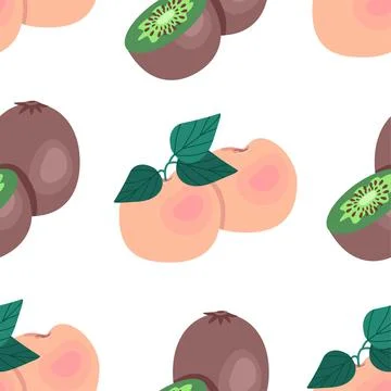 Kiwi and peaches seamless pattern. Fruit print, vector illustration in flat Stock Illustration