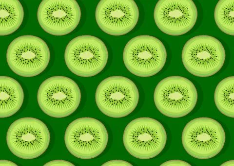 Kiwi fruit piece seamless pattern with shadow on emerald green background, Ve Stock Illustration
