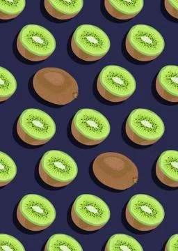 Kiwi fruit seamless pattern whole and piece with shadow on navy blue backgrou 스톡 일러스트