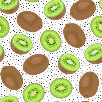 Kiwi fruit seamless pattern whole and piece with seed on white background, Ve Stock Illustration