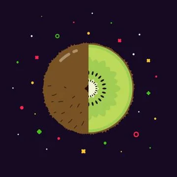 Kiwi fruit sphere with half slice logo, flat icon design template concept Stock Illustration