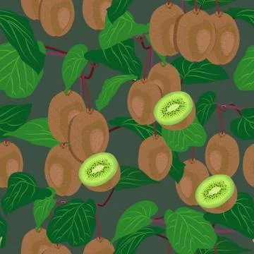 Kiwi fruit tree seamless pattern on green background, Vector illustration Illustrazione stock