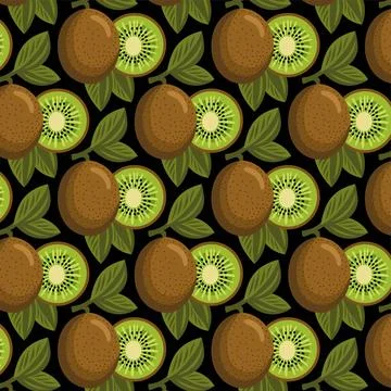 Kiwi Seamless Pattern with Whole and Sliced Kiwi Fruits and Leaves Stock Illustration