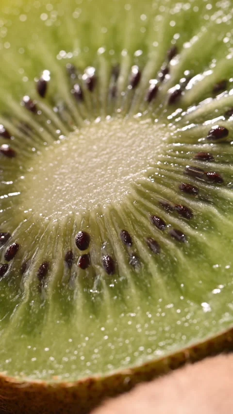 Kiwi super macro sunlight sparkle, smoothie vitamin wellness branding loop. Видео 332219873