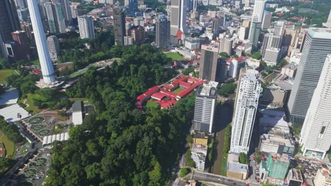KL Tower district with Bukit Nanas forest reserve and red roof heritage quarter Stock Footage 327120376