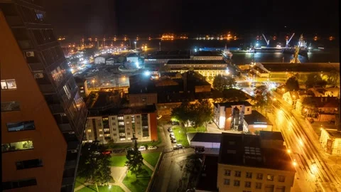 Klaipda, Lithuania - 2023.10.05 - Timelapse View of Klaipeda harbor at night. Stock Footage 253664488
