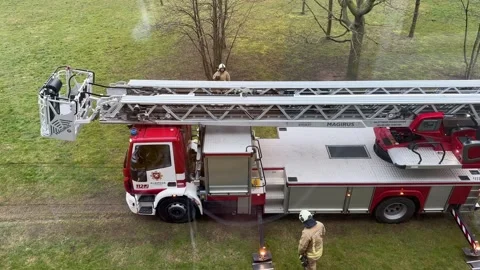 Klaipeda 2025 04 25 fire truck retracts stabilizing mechanism Stock Footage 307598415