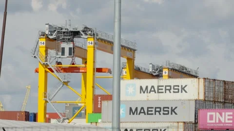 Klaipeda, Lithuania - circa July 2025: A crane moves large shipping containers Stock Footage 313878224