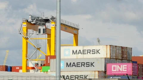 Klaipeda, Lithuania - circa July 2025: A crane moves large shipping containers Stock Footage 315414933