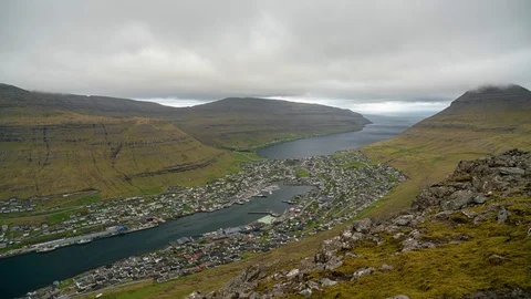 Klaksvik and harbor panoramic 4k 16:9 timelapse, in Bordoy Island, Faroe Islands Stock Footage 124005227