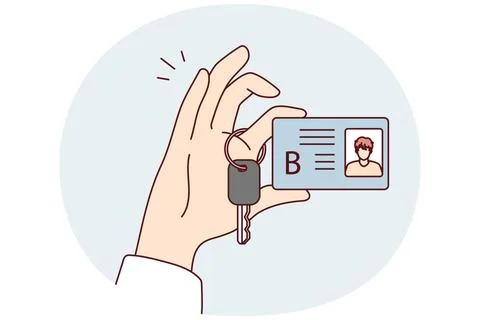 Klasse B Auto-Lizenz mit Foto und LKW Zündschlüssel in Personen Hand. Vekt. Stock Photos