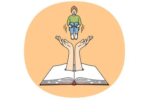 Kleiner Junge springt über Buch, Tauchen in Handlung der fantastischen Lit.. Stock Photos