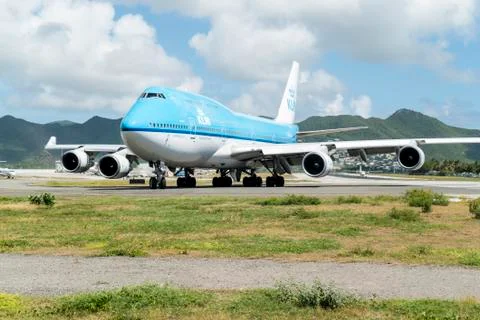 KLM 747 preparing to take off one last time on the island of St.Maarten. Stock Photos