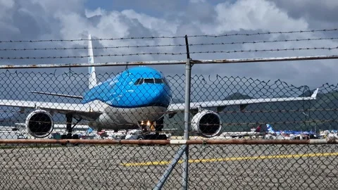KLM Airlines Airplane Preparing to Take Off From Princess Juliana Airport on St Stock Footage 343808626