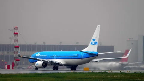 KLM Boeing 737-800 lining up on the runway for takeoff at SVO Stock Footage 340480782