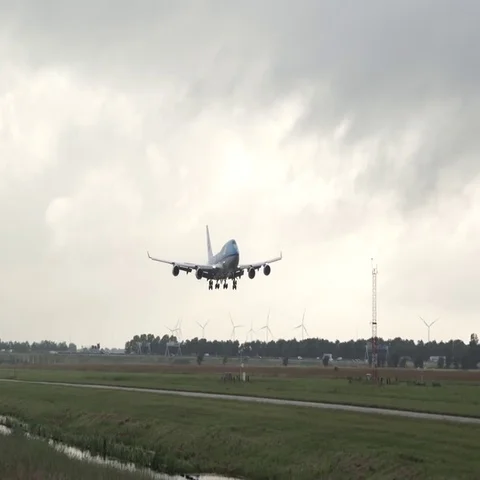 KLM Boeing 747 "Jumbojet" Wet Morning Landing in Amsterdam Airport Schiphol Stock Footage 69542242
