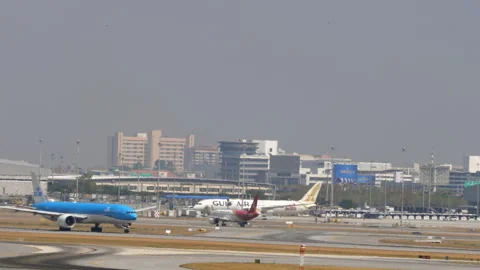 KLM Boeing 777-300ER taking off from Suvarnabhumi Airport in Bangkok Stock Footage 336368683