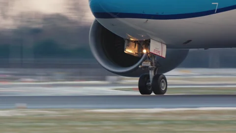 KLM Boeing engine and ETOPS marking close-up during takeoff Amsterdam Schiphol Stock Footage 334490239