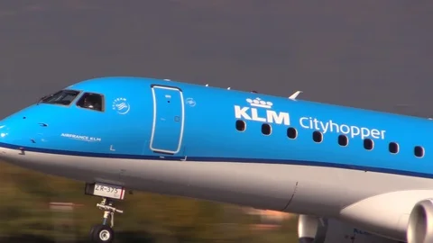 KLM plane Embraer E190 takeoff from Florence Airport, Italy, to Amsterdam Stock Footage 93675843