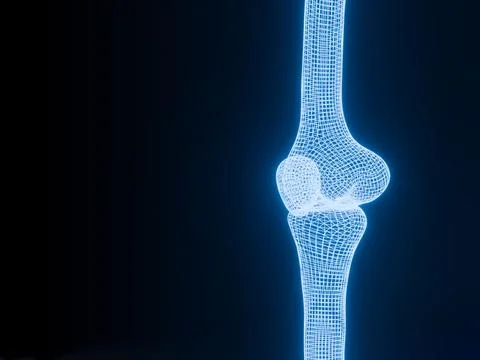 Knee joint  3D rendering  Blue glowing  wireframe  on black background with.. Stock Illustration