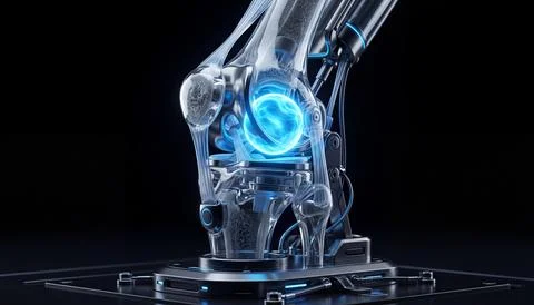 Knee joint with glowing blue sphere representing advanced medical technology. Stock Illustration