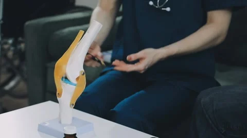 Knee model showing the process of osteoarthritis and knee arthroplasty, doc.. Stock Footage 314212326