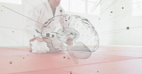 Kneeling practitioner wearing white gi holding seiza at dojo with floating Stock Photos