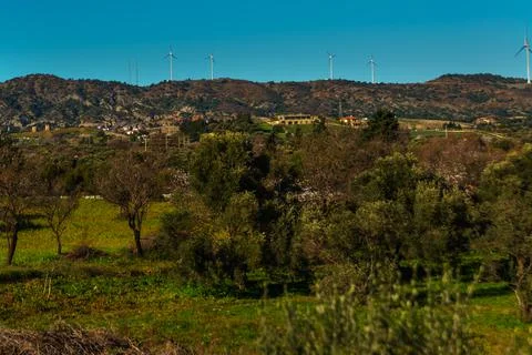 KNIDOS, DATCA, TURKEY: Fields, mountains and windmills in the resort town of  Stock Photos