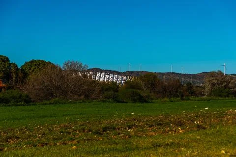KNIDOS, DATCA, TURKEY: Landscape with a view of windmills. The place where th Stock Photos