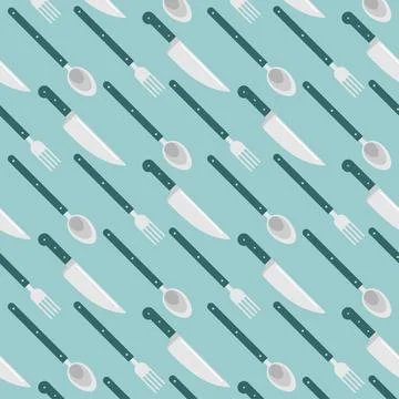 Knife and fork and spoon pattern seamless, kitchen utensils background. Dis.. Stock Illustration
