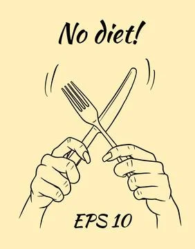 Knife and fork in crossed hands. Diet termination symbol. Stock Illustration