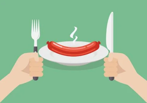Knife and fork cutlery in hands with sausage Stock-Illustration