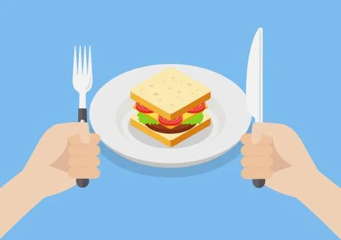 Knife and fork cutlery in hands with sandwich Stock-Illustration