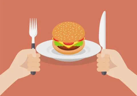 Knife and fork cutlery in hands with burger Stock-Illustration