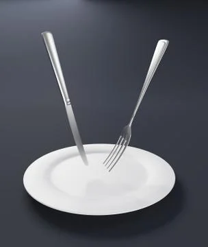 Knife and fork floating over an empty plate Illustrazione stock